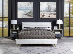 Masculine yet soft, the Doris bedroom collection is edgy and inviting all in one. The leather upholstered bed can fit with an industrial, vintage, or modern bedroom easily. The headboard features horizontal channel tufting to adds some support while leani