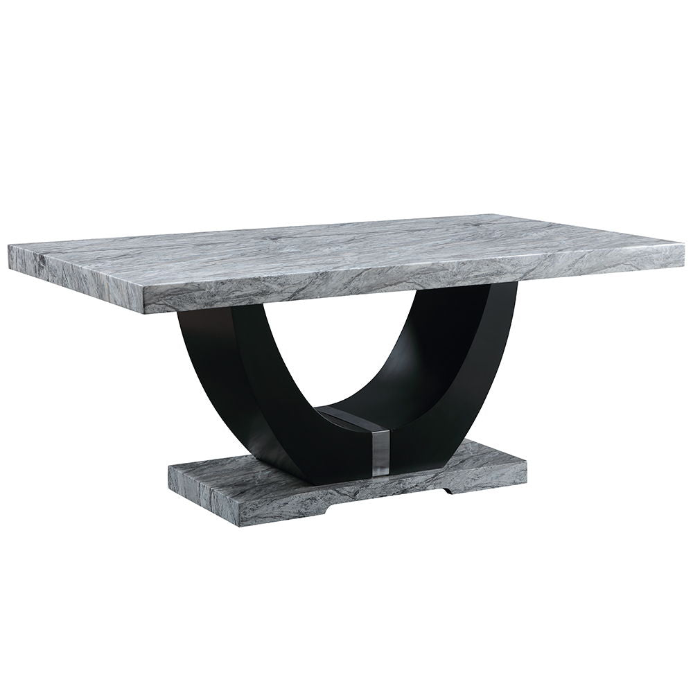 The Caralin dining set brings elegance and modern flair to any dining room. The rectangular table features a thick, engineered stone top with a U-shaped base, creating a stunning focal point. The fixed table top offers stability, while the upholstered cha