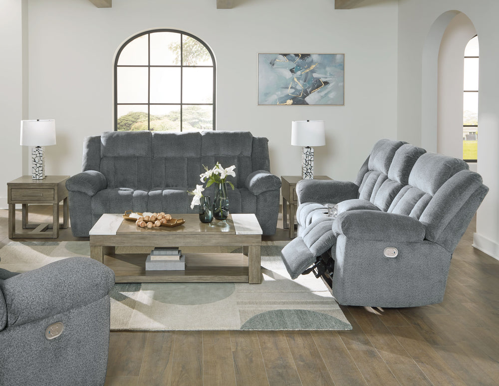 Big, bold comfort. Game time and movie nights meet their match with this power reclining seating package. Made for ultimate indulgence, the extra-deep seating encourages you to sit back and bliss out. And with plush upholstery in a trendy hue, you wonâ€™t