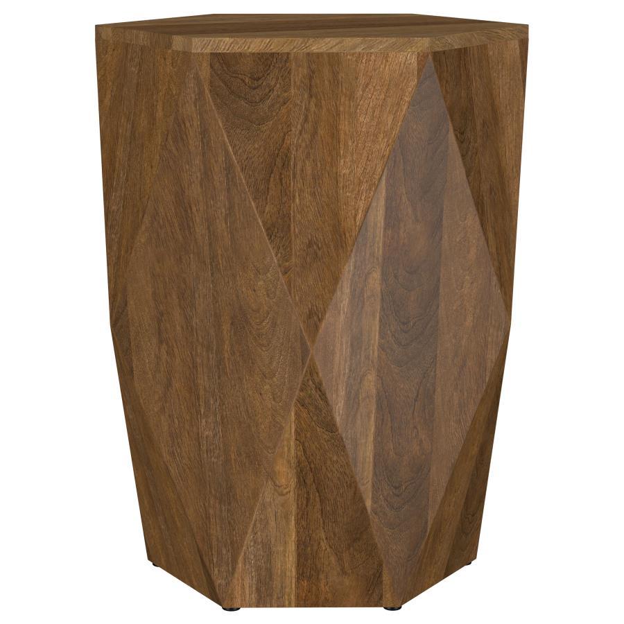 This graceful accent table enriches any living room, blending artisan craftsmanship with a natural brown finish. Hand-hewn from solid mango wood, it offers subtle textures that elevate dÃ©cor. As a side table or occasional table, its versatile silhouette 