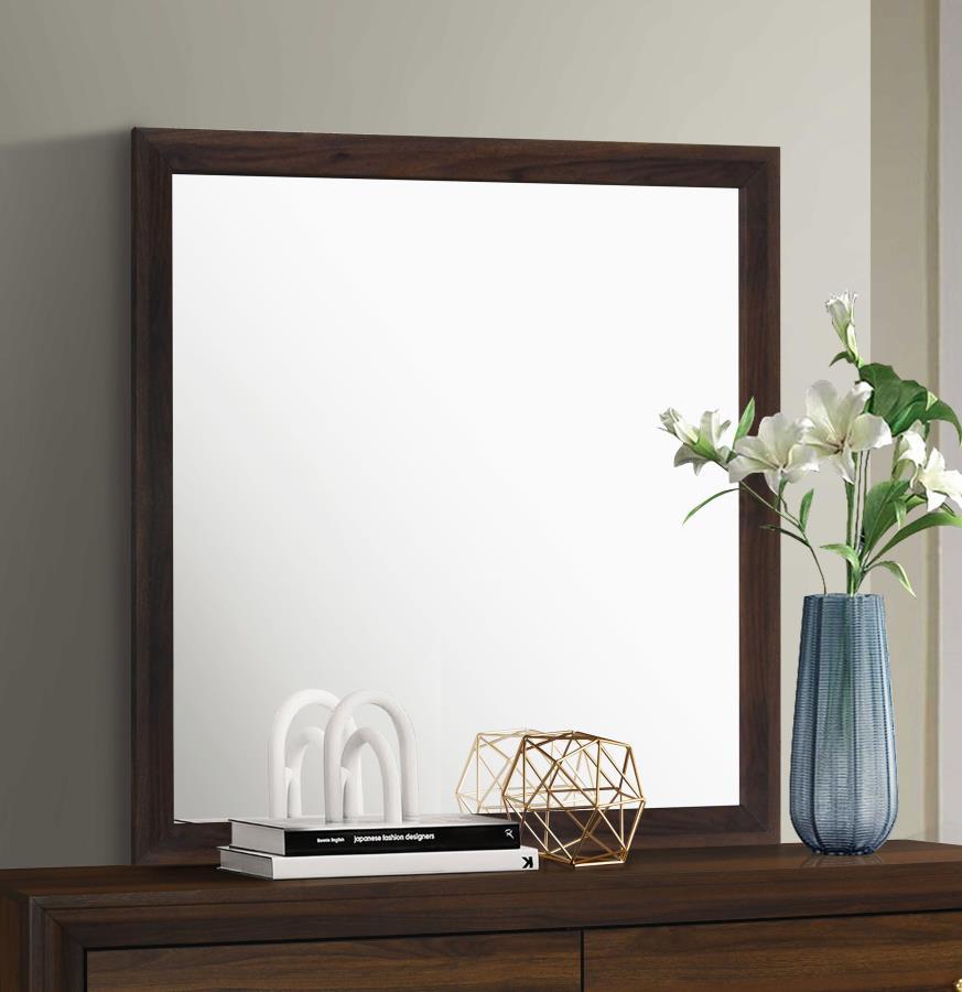 Accentuate your dresser top with a modern frame mirror that adds lightness and reflectivity. A walnut wood grain finish is rich and deep, offering sophisticated style to the matching dresser. Flat glass is fresh and contemporary, perfect for a refined bed