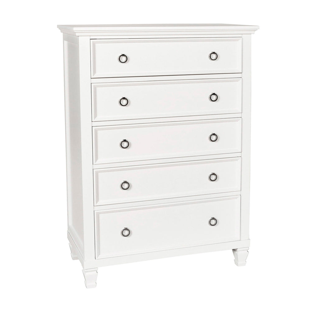 The Tamarack Five Drawer Chest is crafted of real wood solids and veneers for durability and strength. This space-saving 50" tall dresser provides ample storage in a compact area. The gleaming bright white finish is complemented by silver finished round d