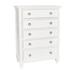 The Tamarack Five Drawer Chest is crafted of real wood solids and veneers for durability and strength. This space-saving 50" tall dresser provides ample storage in a compact area. The gleaming bright white finish is complemented by silver finished round d