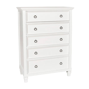 The Tamarack Five Drawer Chest is crafted of real wood solids and veneers for durability and strength. This space-saving 50" tall dresser provides ample storage in a compact area. The gleaming bright white finish is complemented by silver finished round d