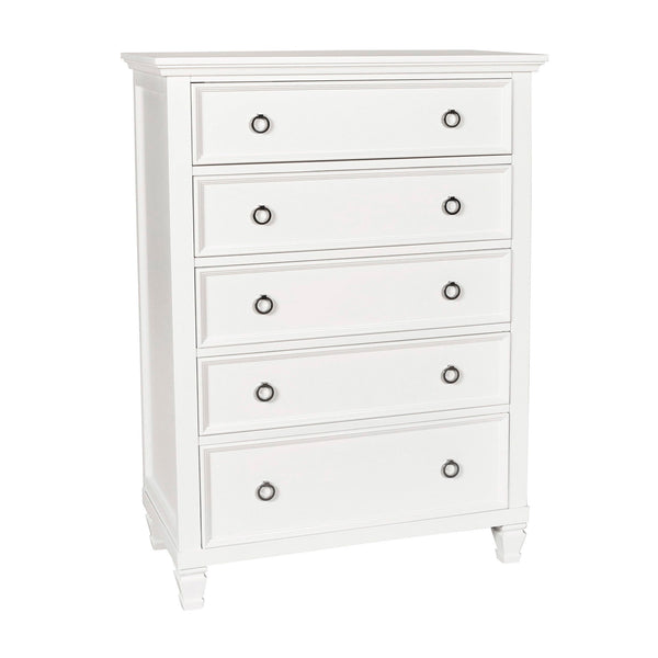 The Tamarack Five Drawer Chest is crafted of real wood solids and veneers for durability and strength. This space-saving 50" tall dresser provides ample storage in a compact area. The gleaming bright white finish is complemented by silver finished round d