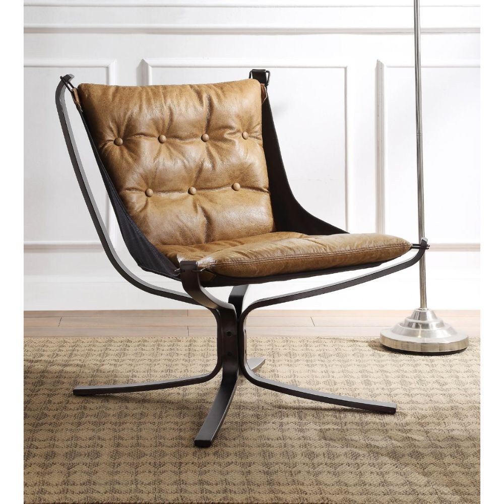 Lounge Accent Chair, Loose Back & Seat Cushion (1) CONSTRUCTION SEAT: Top Grain Leather, Full Foam (Reversible) BACKREST: Button Tufted, Loose Cushion ARMLESS Metal Frame w/4-Star Base: Matt Iron Tube (Size 17-"H) Material: Top Grain Leather (Vintage Patt