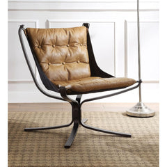 Lounge Accent Chair, Loose Back & Seat Cushion (1) CONSTRUCTION SEAT: Top Grain Leather, Full Foam (Reversible) BACKREST: Button Tufted, Loose Cushion ARMLESS Metal Frame w/4-Star Base: Matt Iron Tube (Size 17-"H) Material: Top Grain Leather (Vintage Patt