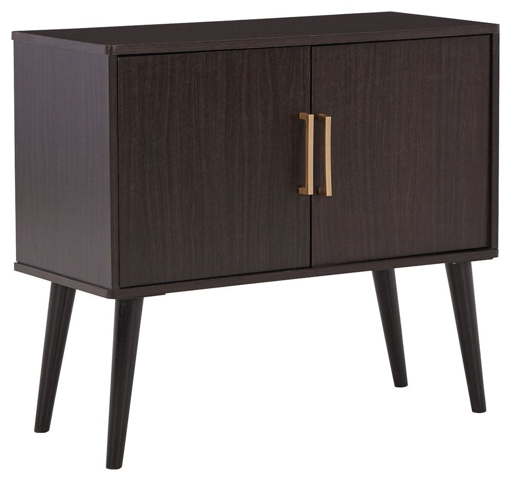 Open the door to clean-lined form and functionality with this accent cabinet. Its rich dark brown finish is enhanced with goldtone door pulls. Adjustable shelf caters to your needs.<br><br><b>Additional Dimensions</b><br><ul><li>Door opening: 0-"</li><li>