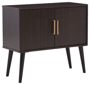Open the door to clean-lined form and functionality with this accent cabinet. Its rich dark brown finish is enhanced with goldtone door pulls. Adjustable shelf caters to your needs.<br><br><b>Additional Dimensions</b><br><ul><li>Door opening: 0-"</li><li>