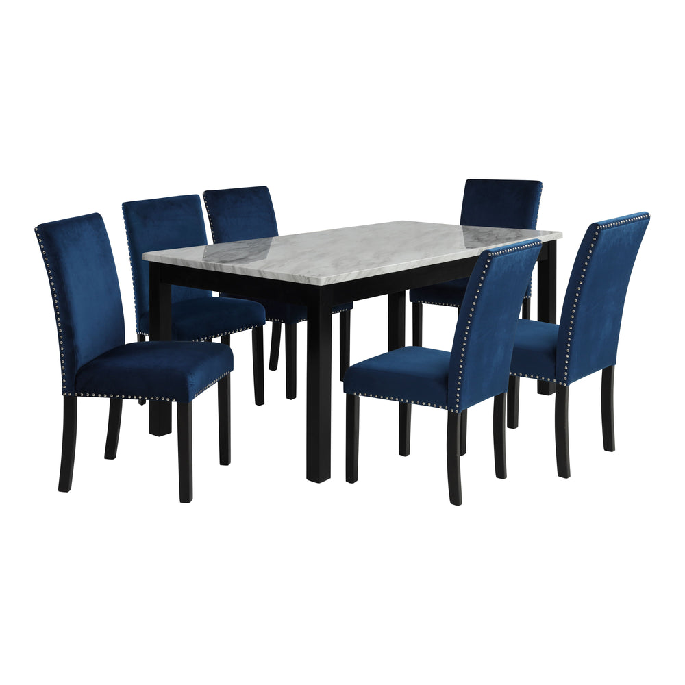 The Celeste 7-Piece Dining Set is a picture of modern luxury and enduring craftsmanship. This set includes a striking 64-inch dining table with an espresso base and a faux marble top, accompanied by six exquisite blue velvet chairs. Crafted from solid Rub