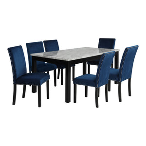 The Celeste 7-Piece Dining Set is a picture of modern luxury and enduring craftsmanship. This set includes a striking 64-inch dining table with an espresso base and a faux marble top, accompanied by six exquisite blue velvet chairs. Crafted from solid Rub
