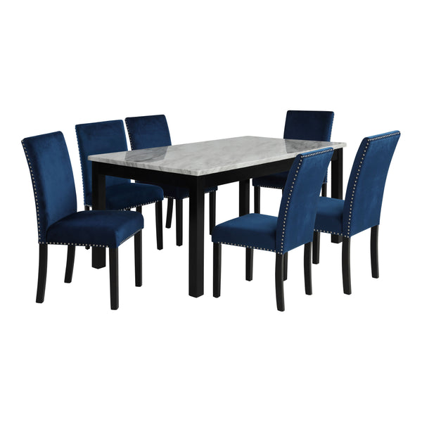 The Celeste 7-Piece Dining Set is a picture of modern luxury and enduring craftsmanship. This set includes a striking 64-inch dining table with an espresso base and a faux marble top, accompanied by six exquisite blue velvet chairs. Crafted from solid Rub
