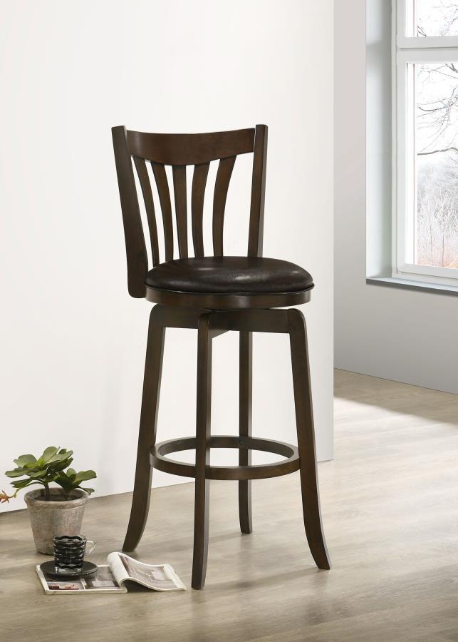 Play up a traditional ambiance in your kitchen or dining room with a classic swivel barstool. Perfect for lounging with coffee or a nightcap, it features a dark cherry wood grain finish that-'s warm and inviting. The seat is covered in plush foam and dark