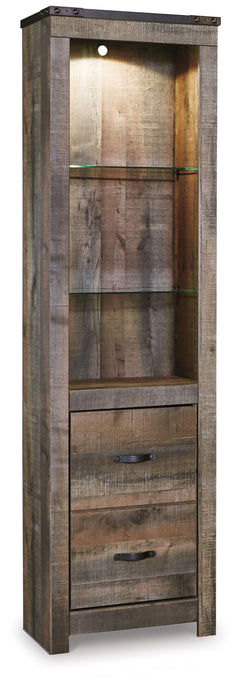 Entertain a rugged yet refined sense of style with this entertainment center pier. Its rustic finish and plank-style details pay homage to reclaimed barn wood, while metal banding with nailhead accents infuses a touch of industrial cool. Ultra-clean lines