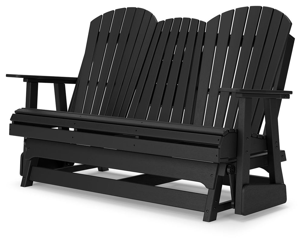 Drift away from everyday worries and into outdoor bliss with this glider loveseat. Dressed in chic black, the Adirondack-inspired design has a classic feel. It weathers sunny summer days and cozy winter nights with durable MEGA-TUFFÂ® HDPE material. A dro