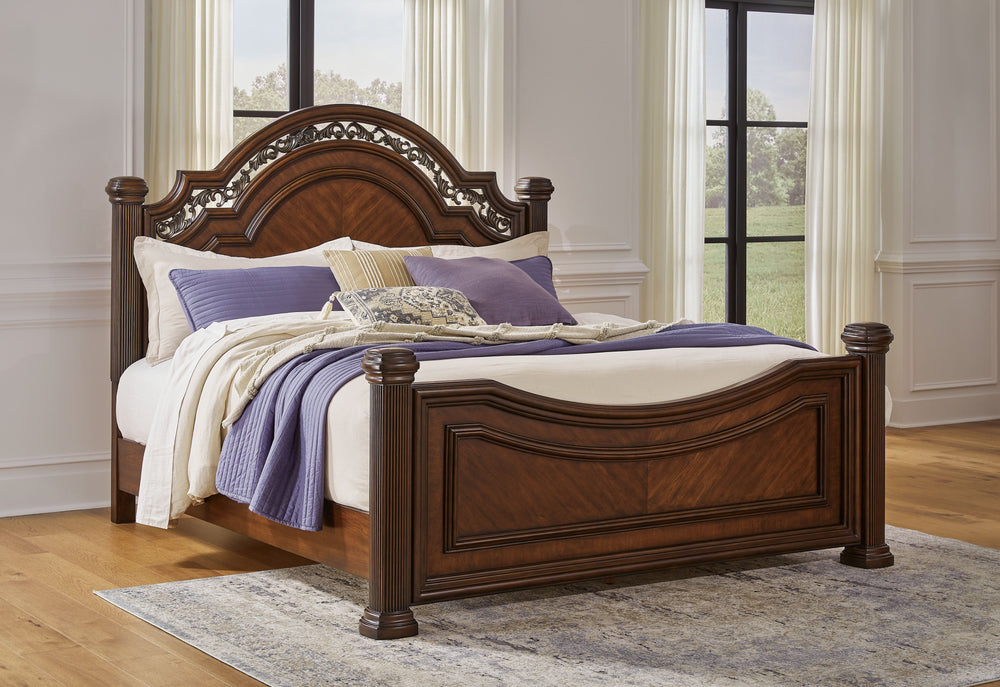 Take inspiration from the traditional luxury of this California king poster bed. Classic with a rich cherry brown finish, its stately presence graces your room with an air of opulence. Your taste for exquisite details is satisfied with the headboardâ€™s o
