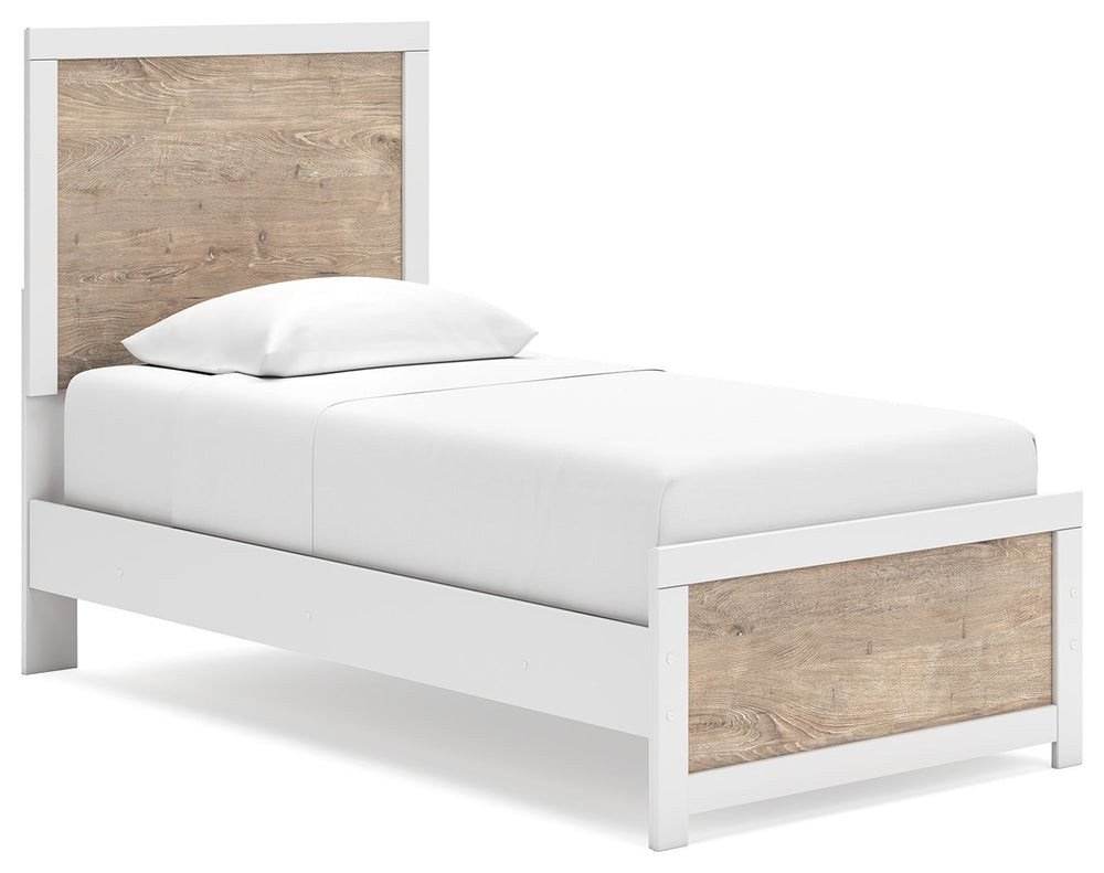 Relaxed yet striking, this twin panel bed brings casual beauty and function to your dream destination. A delightful two-tone treatment blends a fresh, replicated oak grain with a matte white finish that-'s easy to love. Its simplicity lends a contemporary