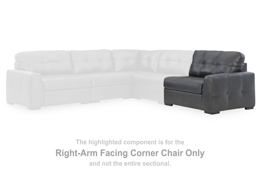 This right-arm facing corner chair is made with a combination of 100% top grain leather and faux leather upholstery. Fully finished on all sides, it pairs with other items in the series to make a modular sectional.<br><br><b>Additional Dimensions</b><br><