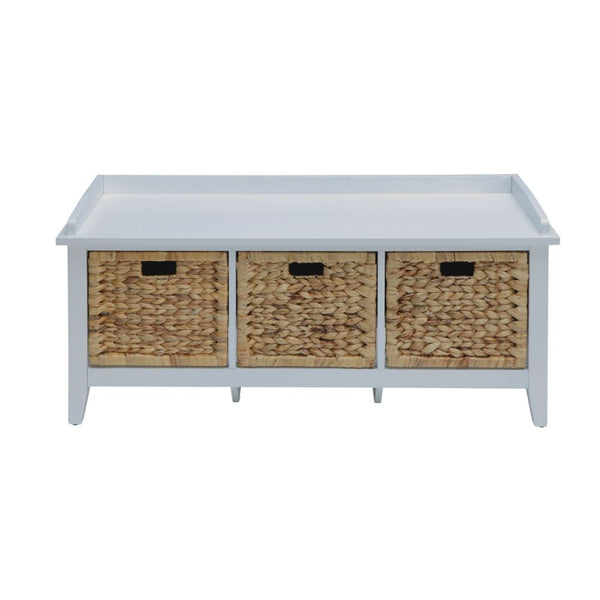  featuring three spacious brown rattan baskets like drawers. The low-profile design