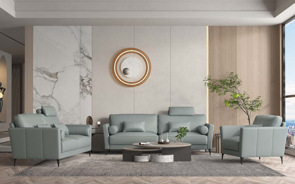Made in Italy and upholstered in high-quality leather, the Tussio collection offers comfort and style. The gorgeous watery leather finish is fresh and fun. Included are bolster cushions and pillows to match the seating. The headrest provides added comfort