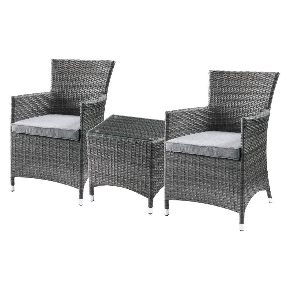 Assambled, 3Pc Pack: 2 Arm Chairs & Side Table NO Storage Trapezium Table w/Glass Top Arm Chairs (High Backrest) Stationary Seat: Standard Dining Height Padded Seat: Gray Fabric, Reversible Cushion, Water Resistant (Removable Cover-Zipper), Cushion Size: 