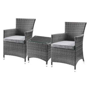 Assambled, 3Pc Pack: 2 Arm Chairs & Side Table NO Storage Trapezium Table w/Glass Top Arm Chairs (High Backrest) Stationary Seat: Standard Dining Height Padded Seat: Gray Fabric, Reversible Cushion, Water Resistant (Removable Cover-Zipper), Cushion Size: 