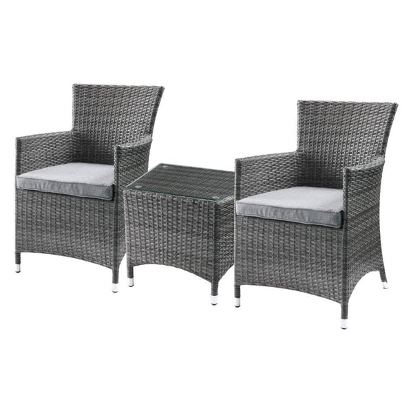 Assambled, 3Pc Pack: 2 Arm Chairs & Side Table NO Storage Trapezium Table w/Glass Top Arm Chairs (High Backrest) Stationary Seat: Standard Dining Height Padded Seat: Gray Fabric, Reversible Cushion, Water Resistant (Removable Cover-Zipper), Cushion Size: 
