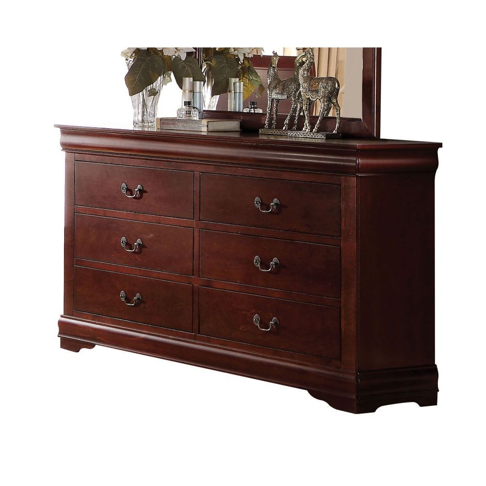 The Louis Philippe Dresser in cherry finish is constructed of solid wood in finish options for customization. It features six drawers with metal drop handle pulls, perfect for storing clothing and bedding. Add the optional mirror to create a complete set<