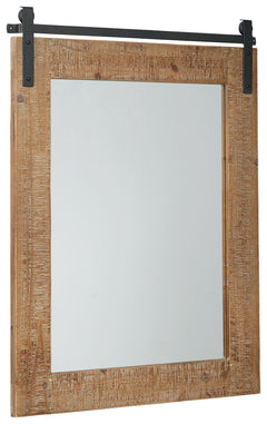 Getting the casual yet complete look you love is a breeze with this accent mirror. With its antiqued brown finished and rough sawn wood, this accent mirror features a black finished metal faux barn door track adding a touch of warmth to any space.<br><br>