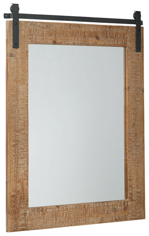 Getting the casual yet complete look you love is a breeze with this accent mirror. With its antiqued brown finished and rough sawn wood, this accent mirror features a black finished metal faux barn door track adding a touch of warmth to any space.<br><br>