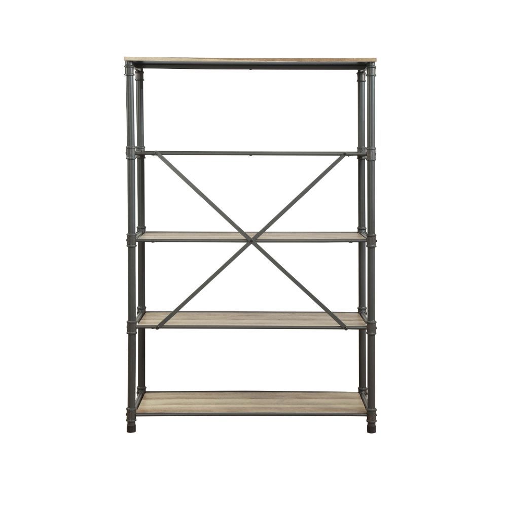 The Itzel Bookcase is functionally designed with an attractive classic antique oak & sandy gray finish to enhance your Decor. Organize your essentials with this unique, stylish bookcase. Different level contoured shelves and a versatile construction highl
