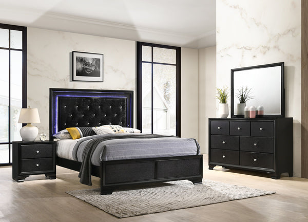 Step into a realm of sophistication and comfort with this stunning bedroom collection. Each piece showcases an exquisite blend of traditional charm and contemporary flair, making a bold statement with its textured surfaces and rich black finish. The bed, 