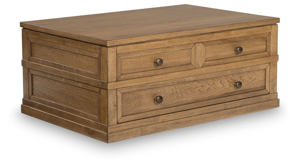 Taking a timeless approach to casual beauty, this lift-top coffee table brings easygoing elegance to the everyday. The light brown wood-tone finish seamlessly slips into your roomâ€™s aesthetic. And thereâ€™s plenty of room for storing throw blankets and 
