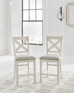 This counter height bar stool is sure to impress come mealtime. With its white finish and light gray upholstery, farmhouse-style seating has never been so fashionable. All thatâ€™s missing is you and your family.<br><br><b>Additional Dimensions</b><br><ul
