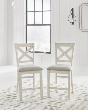 This counter height bar stool is sure to impress come mealtime. With its white finish and light gray upholstery, farmhouse-style seating has never been so fashionable. All thatâ€™s missing is you and your family.<br><br><b>Additional Dimensions</b><br><ul
