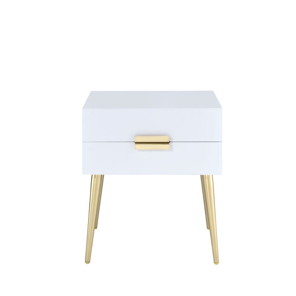 The Denvor end table brings a retro style with a classy feel. This table white rectangular top featuring gold finished legs, accented by a matching gold drawer pull. This table is perfect addition to any living room, bedroom, or hall way to add a stylish 