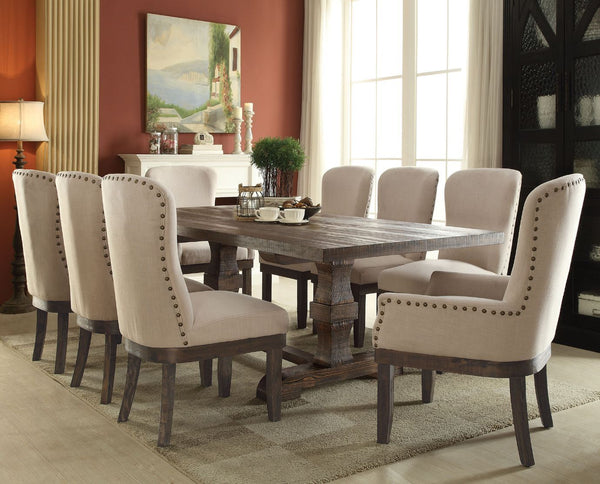 The Landon collection will help you create a sophisticated and distinctive dining area in your home. Made of solid hardwoods with distressed veneer, combines a bold table top finish with a trestle table stand. The Wingback chairs features gently curved ba