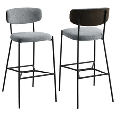 Create a relaxed and inviting ambiance at a kitchen bar or in your home lounge with a set of two modern barstools. Each boasts a durable and strong metal frame with a sandy black finish. Dark oak finish backrests complement neutral upholstery, offering fo