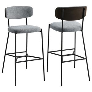 Create a relaxed and inviting ambiance at a kitchen bar or in your home lounge with a set of two modern barstools. Each boasts a durable and strong metal frame with a sandy black finish. Dark oak finish backrests complement neutral upholstery, offering fo