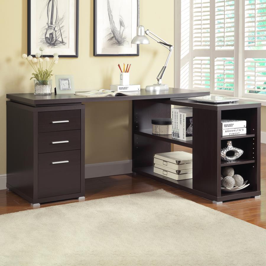 With a subtle touch of style, this L-shaped office desk is an excellent choice for a home office. With open shelves on one end and three drawers on the other, it allows ample storage space to keep yourself organized. Its file cabinet accommodates legal si
