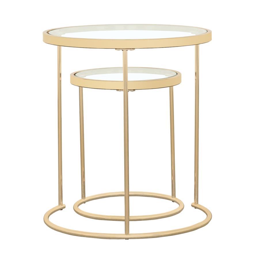 Elevate your living space with this stylish two-piece nesting table set. Featuring clear tempered glass tops and a sleek gold electroplated steel frame, these round tables provide both convenience and modern elegance. The clean, minimalist design seamless
