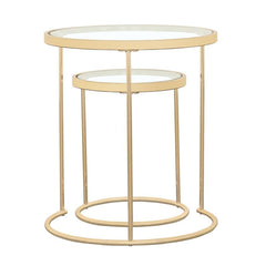 Elevate your living space with this stylish two-piece nesting table set. Featuring clear tempered glass tops and a sleek gold electroplated steel frame, these round tables provide both convenience and modern elegance. The clean, minimalist design seamless