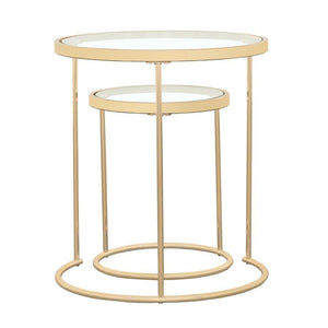 Elevate your living space with this stylish two-piece nesting table set. Featuring clear tempered glass tops and a sleek gold electroplated steel frame, these round tables provide both convenience and modern elegance. The clean, minimalist design seamless