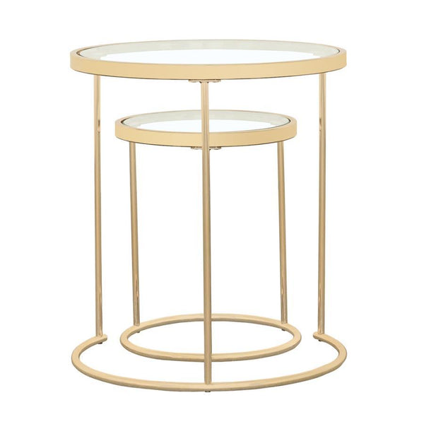 Elevate your living space with this stylish two-piece nesting table set. Featuring clear tempered glass tops and a sleek gold electroplated steel frame, these round tables provide both convenience and modern elegance. The clean, minimalist design seamless