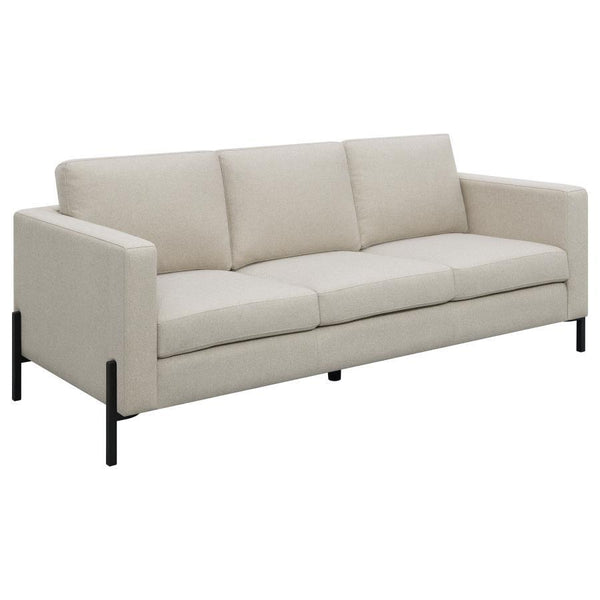 Introducing our impeccably designed modern sofa, where sophistication meets comfort. With its clean lines and impeccable tailoring, this sofa exudes elegance. The subtle textured herringbone fabric offers a refined touch, setting it apart in the realm of 