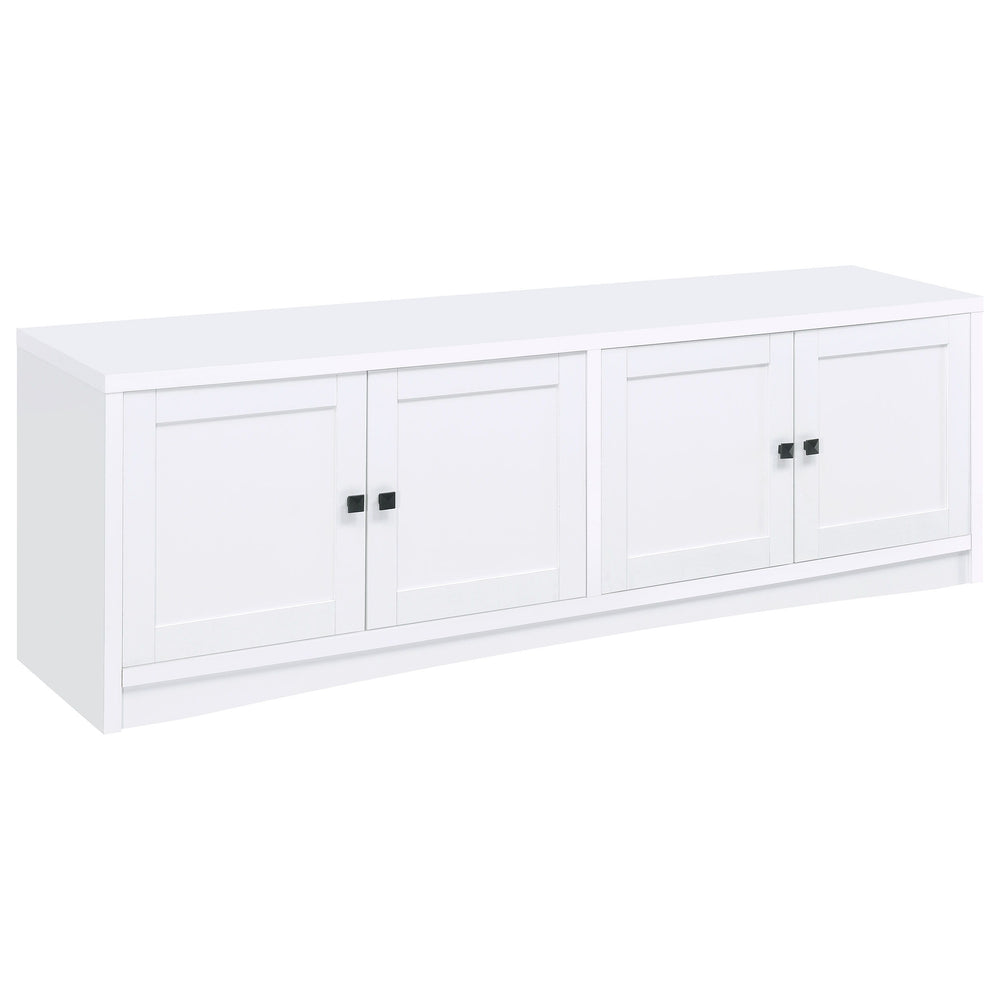 Create plenty of storage to accompany your large screen television with this modern TV stand. Designed to host a TV up to 85 inches, it-'s a long, linear structure with clean, precise lines that blend into most spaces. Its neutral finish complements melam