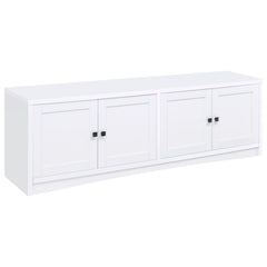 Create plenty of storage to accompany your large screen television with this modern TV stand. Designed to host a TV up to 85 inches, it-'s a long, linear structure with clean, precise lines that blend into most spaces. Its neutral finish complements melam