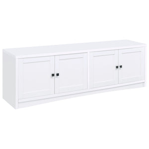 Create plenty of storage to accompany your large screen television with this modern TV stand. Designed to host a TV up to 85 inches, it-'s a long, linear structure with clean, precise lines that blend into most spaces. Its neutral finish complements melam