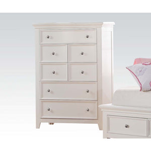 The Lacey collection blends style and function to offer contemporary style and great storage for youth bedroom in your home. Available in white, and cherry oak finishes, these bedroom pieces feature chambered drawer fronts, chamfered trim, and chromed rou