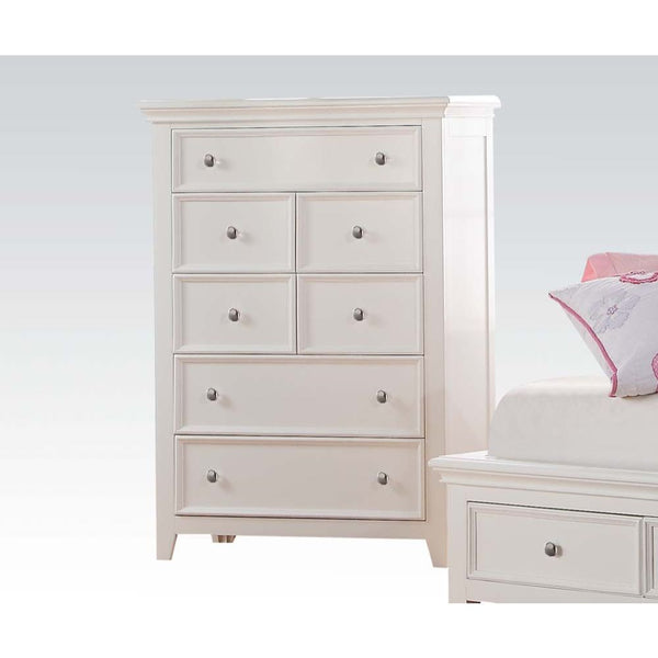 The Lacey collection blends style and function to offer contemporary style and great storage for youth bedroom in your home. Available in white, and cherry oak finishes, these bedroom pieces feature chambered drawer fronts, chamfered trim, and chromed rou
